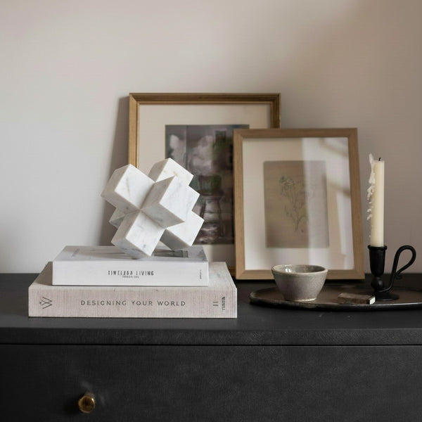 Meridian Furniture Jack Sculptural Stone Accent Piece with Natural Veining Geometric Form for Stylish Tabletop Decor White Genuine Marble ACC105-White