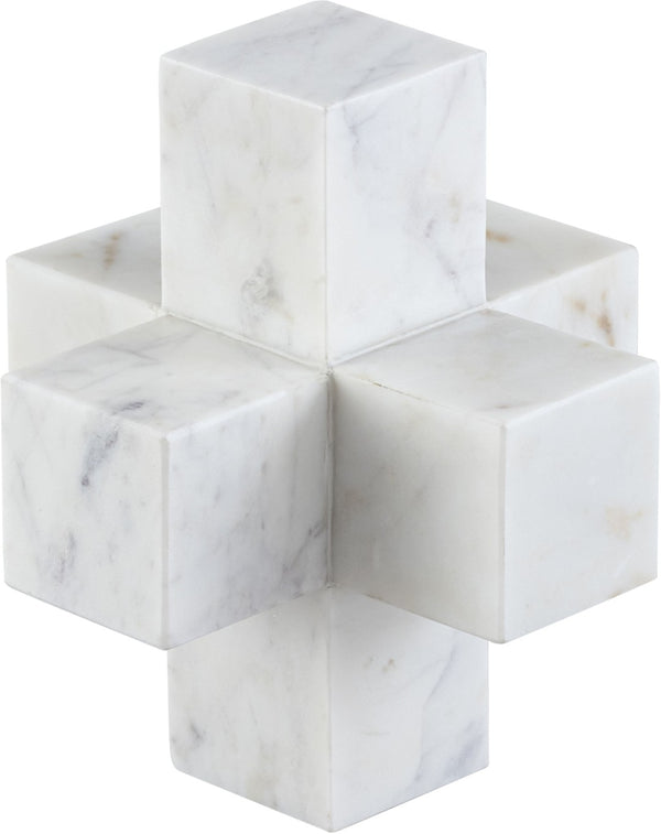 Meridian Furniture Jack Sculptural Stone Accent Piece with Natural Veining Geometric Form for Stylish Tabletop Decor White Genuine Marble ACC105-White