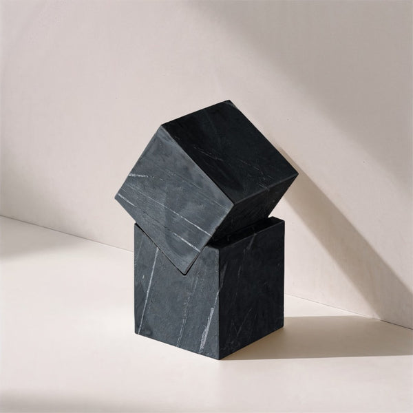 Meridian Furniture Quad Stacked Marble Cube Sculptural Tower Handcrafted Stone Tabletop Accent for Shelf Styling Black Genuine Marble ACC107-Black