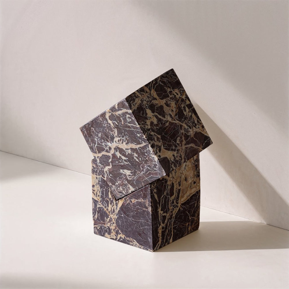 Meridian Furniture Quad Stacked Marble Cube Sculptural Tower Handcrafted Stone Tabletop Accent for Shelf Styling Cherry Genuine Marble ACC107-Cherry