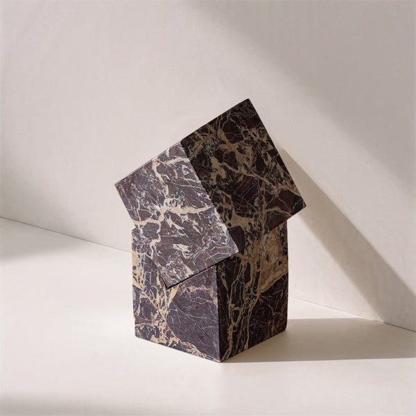 Meridian Furniture Quad Stacked Marble Cube Sculptural Tower Handcrafted Stone Tabletop Accent for Shelf Styling Cherry Genuine Marble ACC107-Cherry