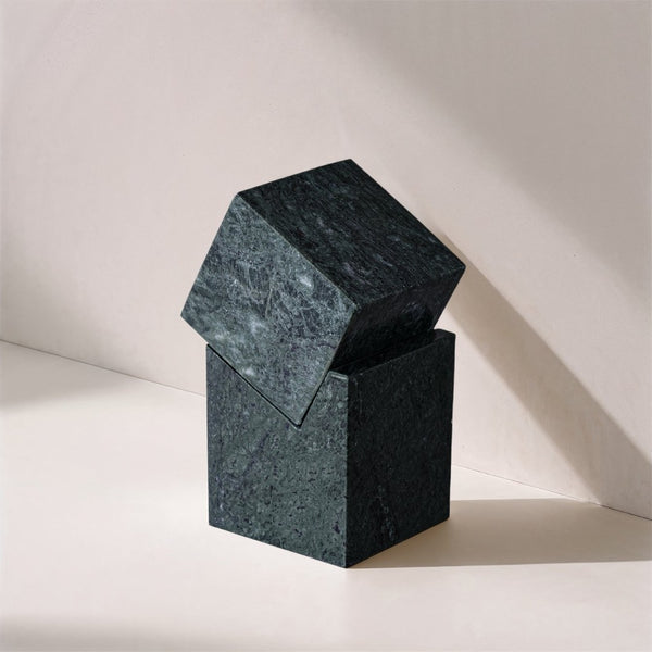 Meridian Furniture Quad Stacked Marble Cube Sculptural Tower Handcrafted Stone Tabletop Accent for Shelf Styling Green Genuine Marble ACC107-Green
