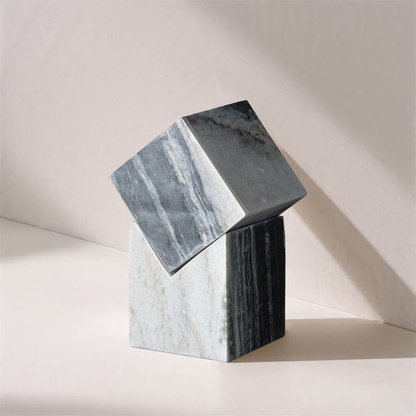 Meridian Furniture Quad Stacked Marble Cube Sculptural Tower Handcrafted Stone Tabletop Accent for Shelf Styling Panda Genuine Marble ACC107-Panda