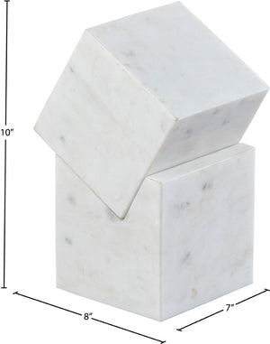 Meridian Furniture Quad Stacked Marble Cube Sculptural Tower Handcrafted Stone Tabletop Accent for Shelf Styling White Genuine Marble ACC107-White