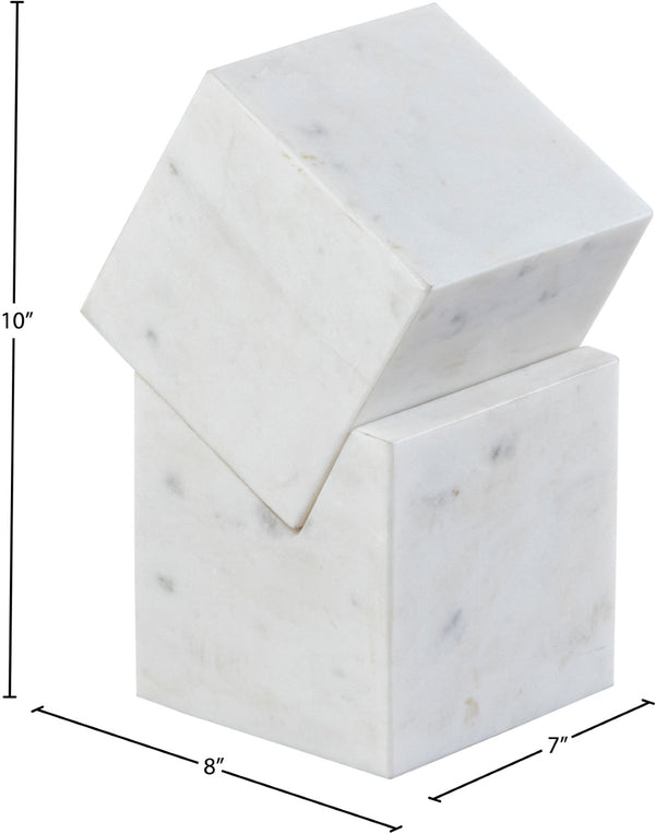 Meridian Furniture Quad Stacked Marble Cube Sculptural Tower Handcrafted Stone Tabletop Accent for Shelf Styling White Genuine Marble ACC107-White