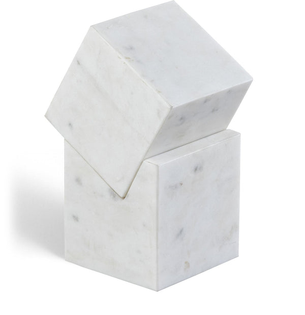 Meridian Furniture Quad Stacked Marble Cube Sculptural Tower Handcrafted Stone Tabletop Accent for Shelf Styling White Genuine Marble ACC107-White