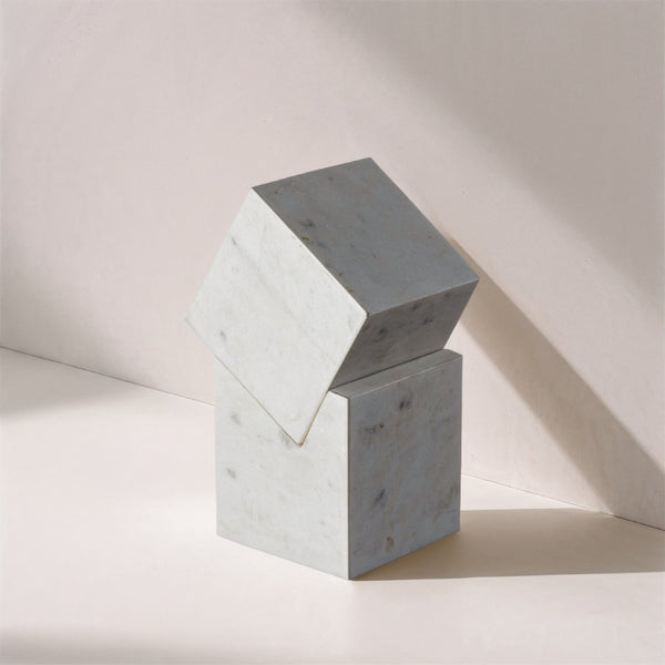 Meridian Furniture Quad Stacked Marble Cube Sculptural Tower Handcrafted Stone Tabletop Accent for Shelf Styling White Genuine Marble ACC107-White