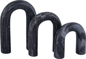 Meridian Furniture Arco Sculptural Set of Three Hand Carved Natural Stone Arch Accents for Shelf or Console Black Genuine Marble ACC109-Black