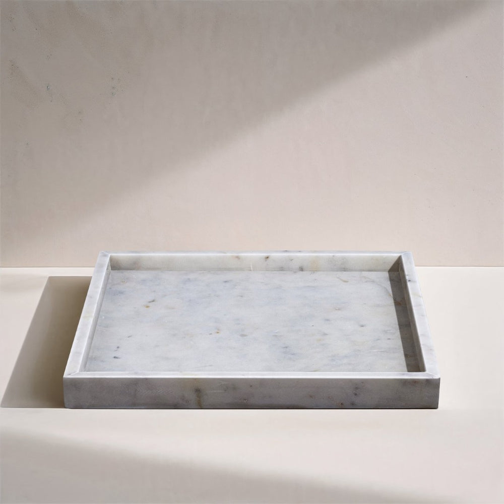 Meridian Furniture Barletta Carrara Marble Square Serving Tray Natural Veining Vanity Coffee Table Accent ACC113-White