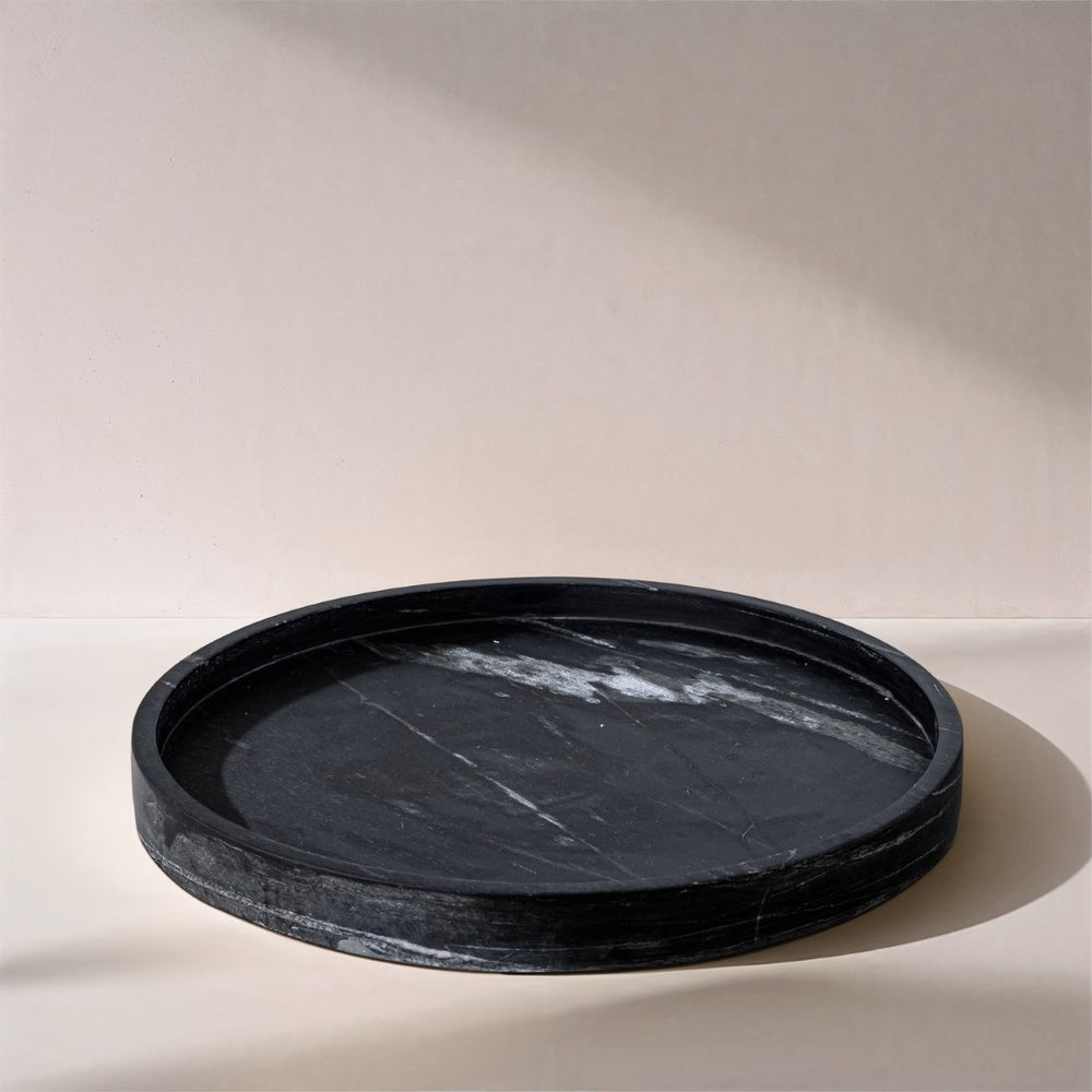 Meridian Furniture Barletta Genuine Black Marble Round Tray with White Veining for Vanity or Coffee Table ACC115-Black