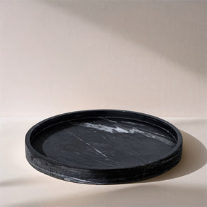 Meridian Furniture Barletta Genuine Black Marble Round Tray with White Veining for Vanity or Coffee Table ACC115-Black
