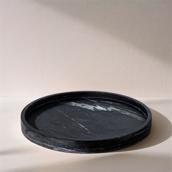 Meridian Furniture Barletta Genuine Black Marble Round Tray with White Veining for Vanity or Coffee Table ACC115-Black