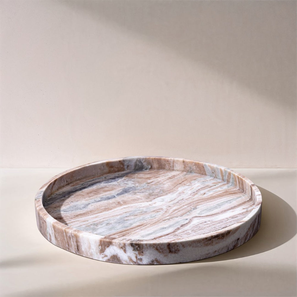 Meridian Furniture Barletta Genuine Marble Round Tray with Natural Veining for Coffee Table Decor ACC115-Brown