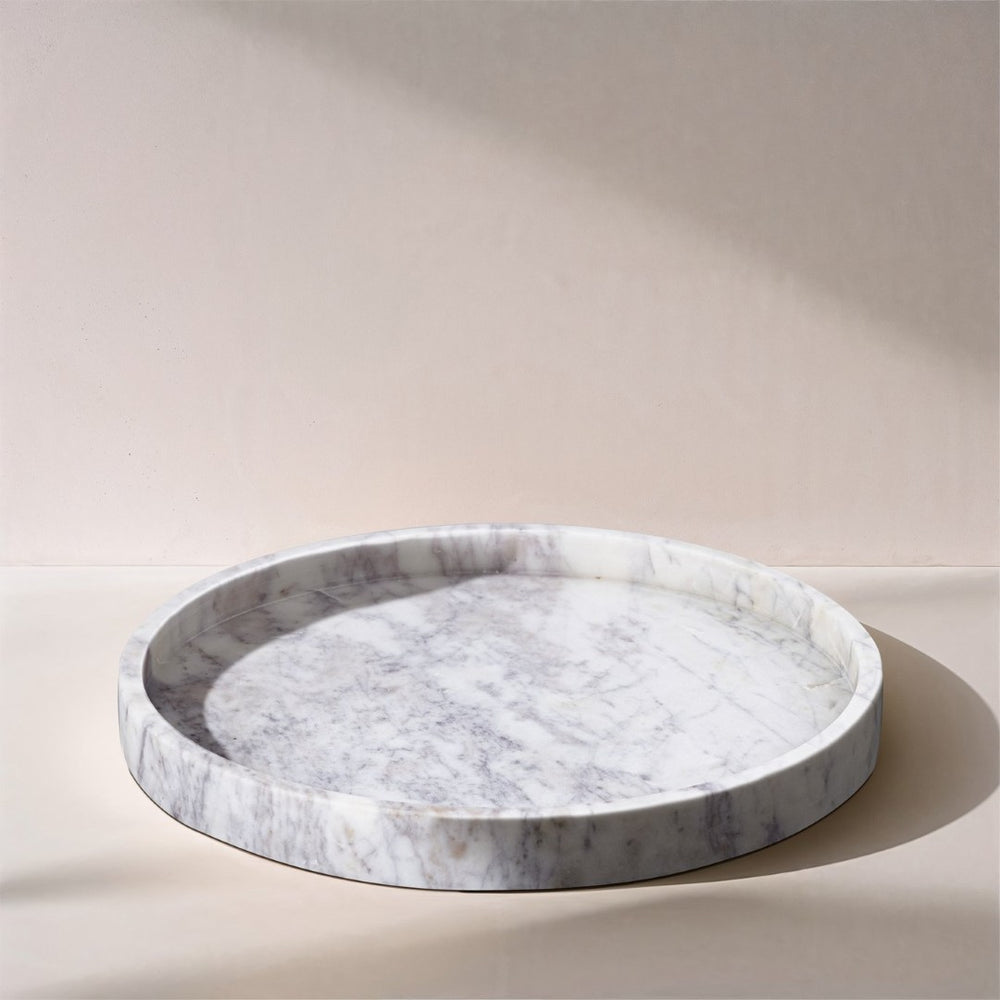 Meridian Furniture Barletta Carrara Marble Round Tray Natural Stone Veining Vanity Coffee Table Accent ACC115-White