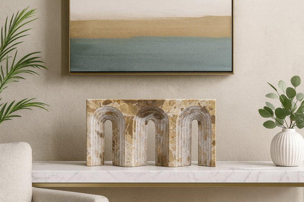 Meridian Furniture Curva Genuine Marble Fluted Arch Sculpture Artisan Carved Tabletop Accent for Shelf Console Beige ACC116-Beige