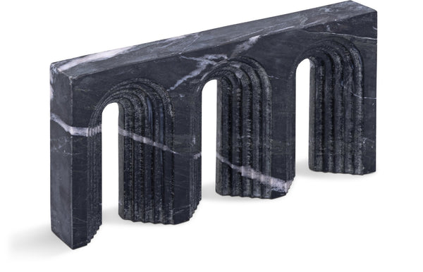 Meridian Furniture Curva Genuine Marble Fluted Arch Sculpture Artisan Carved Tabletop Accent for Shelf Console Black ACC116-Black