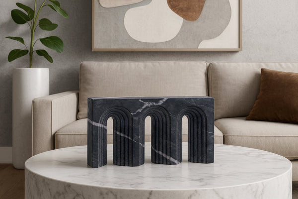 Meridian Furniture Curva Genuine Marble Fluted Arch Sculpture Artisan Carved Tabletop Accent for Shelf Console Black ACC116-Black