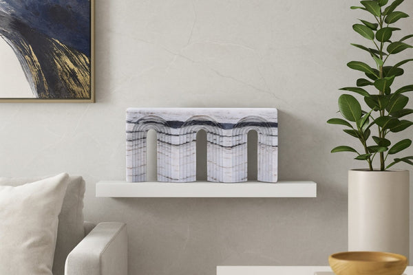 Meridian Furniture Curva Genuine Marble Fluted Arch Sculpture Artisan Carved Tabletop Accent for Shelf Console Panda ACC116-Panda
