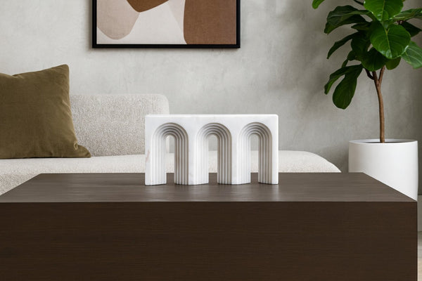 Meridian Furniture Curva Genuine Marble Fluted Arch Sculpture Artisan Carved Tabletop Accent for Shelf Console White ACC116-White