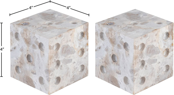 Meridian Furniture Dice Hand Carved Natural Stone Sculptural Tabletop Accent Set of 2 for Shelf Styling Beige Genuine Marble ACC117-Beige