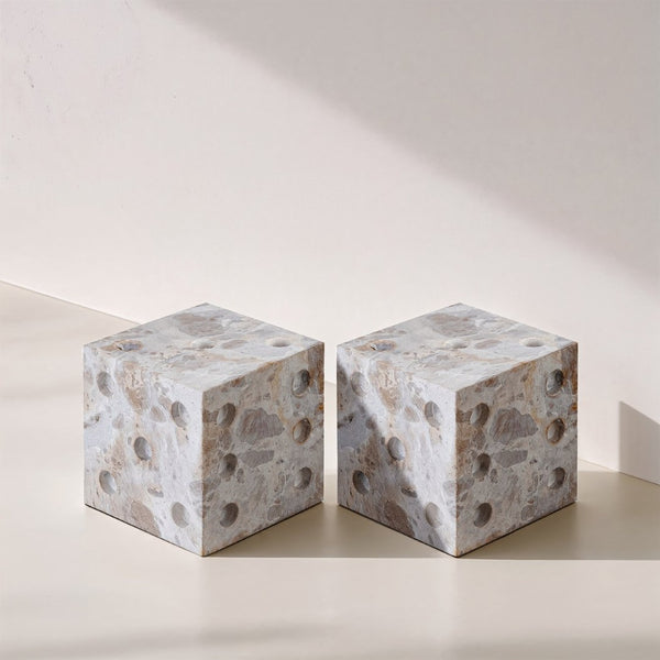 Meridian Furniture Dice Hand Carved Natural Stone Sculptural Tabletop Accent Set of 2 for Shelf Styling Beige Genuine Marble ACC117-Beige