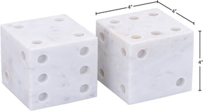 Meridian Furniture Dice Hand Carved Natural Stone Sculptural Tabletop Accent Set of 2 for Shelf Styling White Genuine Marble ACC117-White