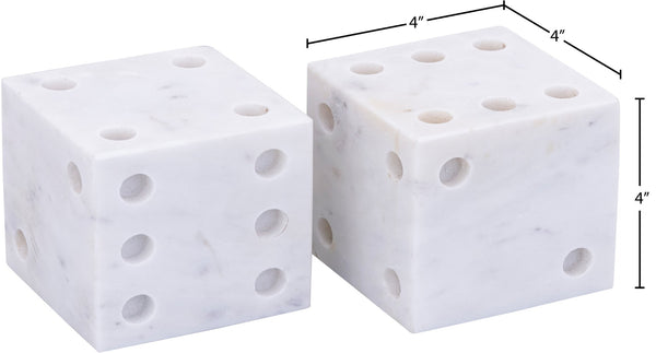 Meridian Furniture Dice Hand Carved Natural Stone Sculptural Tabletop Accent Set of 2 for Shelf Styling White Genuine Marble ACC117-White