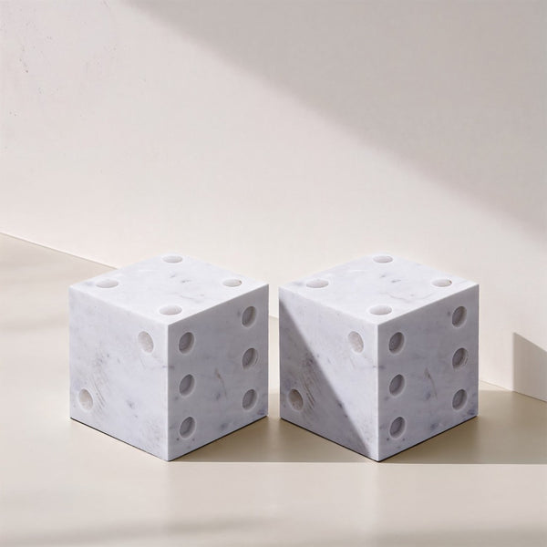 Meridian Furniture Dice Hand Carved Natural Stone Sculptural Tabletop Accent Set of 2 for Shelf Styling White Genuine Marble ACC117-White