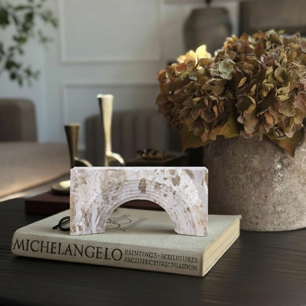 Meridian Furniture Cambre Hand-carved Genuine Marble Arch Sculpture Tabletop Accent with Natural Veined Ridged Detail Beige ACC118-Beige