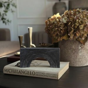 Meridian Furniture Cambre Hand-carved Genuine Marble Arch Sculpture Tabletop Accent with Natural Veined Ridged Detail Black ACC118-Black
