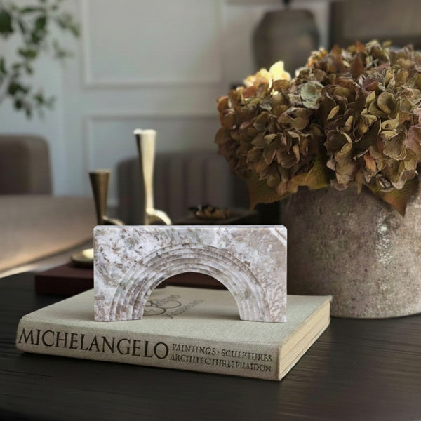 Meridian Furniture Cambre Hand-carved Genuine Marble Arch Sculpture Tabletop Accent with Natural Veined Ridged Detail Brown ACC118-Brown