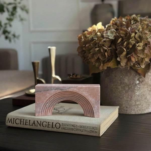 Meridian Furniture Cambre Hand-carved Genuine Marble Arch Sculpture Tabletop Accent with Natural Veined Ridged Detail Pink ACC118-Pink
