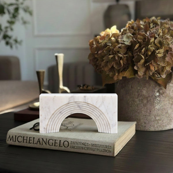 Meridian Furniture Cambre Hand-carved Genuine Marble Arch Sculpture Tabletop Accent with Natural Veined Ridged Detail White ACC118-White