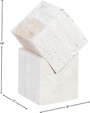 Meridian Furniture Quad Stacked Marble Cube Sculptural Tower Handcrafted Stone Tabletop Accent for Shelf Styling Natural Travertine ACC122-Travertine