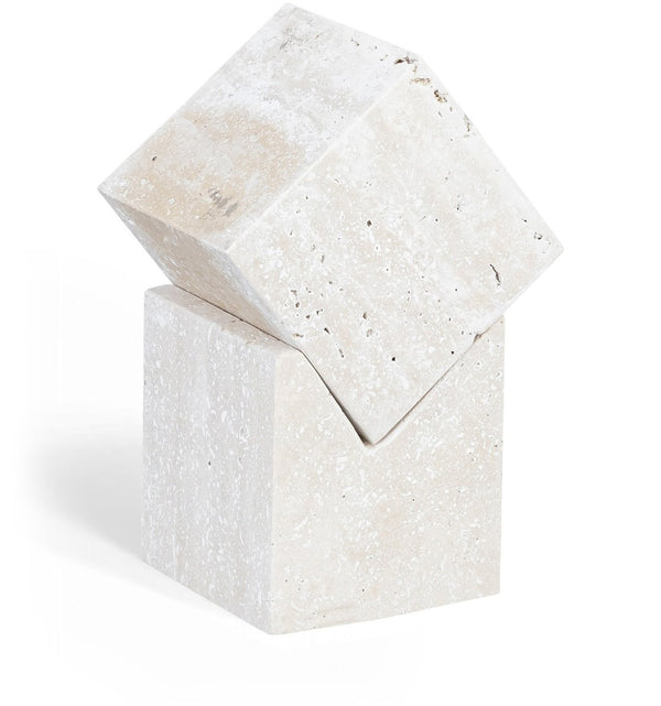 Meridian Furniture Quad Stacked Marble Cube Sculptural Tower Handcrafted Stone Tabletop Accent for Shelf Styling Natural Travertine ACC122-Travertine