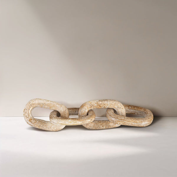 Meridian Furniture Lynx Sculptural Chain Links Carved Stone Tabletop Accent with Natural Veining for Shelves Natural Travertine ACC123-Travertine