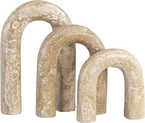 Meridian Furniture Arco Sculptural Set of Three Hand Carved Natural Stone Arch Accents for Shelf or Console Natural Travertine ACC124-Travertine