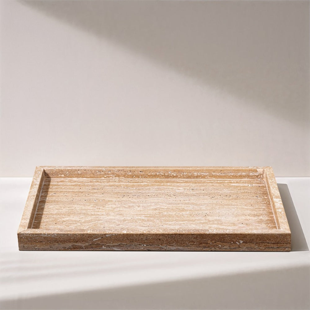 Meridian Furniture Barletta Genuine Travertine Stone Decorative Tray with Natural Veining for Modern Interiors ACC129-Travertine