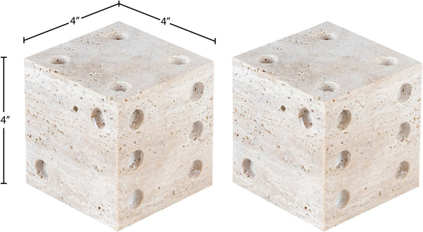 Meridian Furniture Dice Hand Carved Natural Stone Sculptural Tabletop Accent Set of 2 for Shelf Styling Natural Travertine ACC130-Travertine