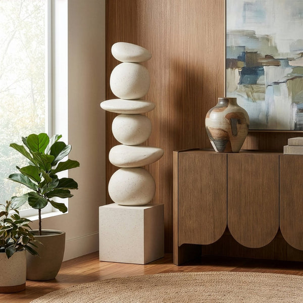 Meridian Furniture Torix Abstract Concrete Floor Sculpture Art Deco Stacked Form Vertical Indoor Statement Piece Cream ACC143-Cream