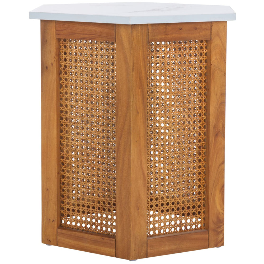 Safavieh Danez Hexagon Accent Table - Stylish Faux Marble Top With Cane Detailing For Elegant Living Spaces White Faux Marble / Natural ACC2101A