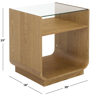 Acres Accent Table With Tempered Glass Top And Natural Wood Frame — Rustic Modern Compact Accent Piece