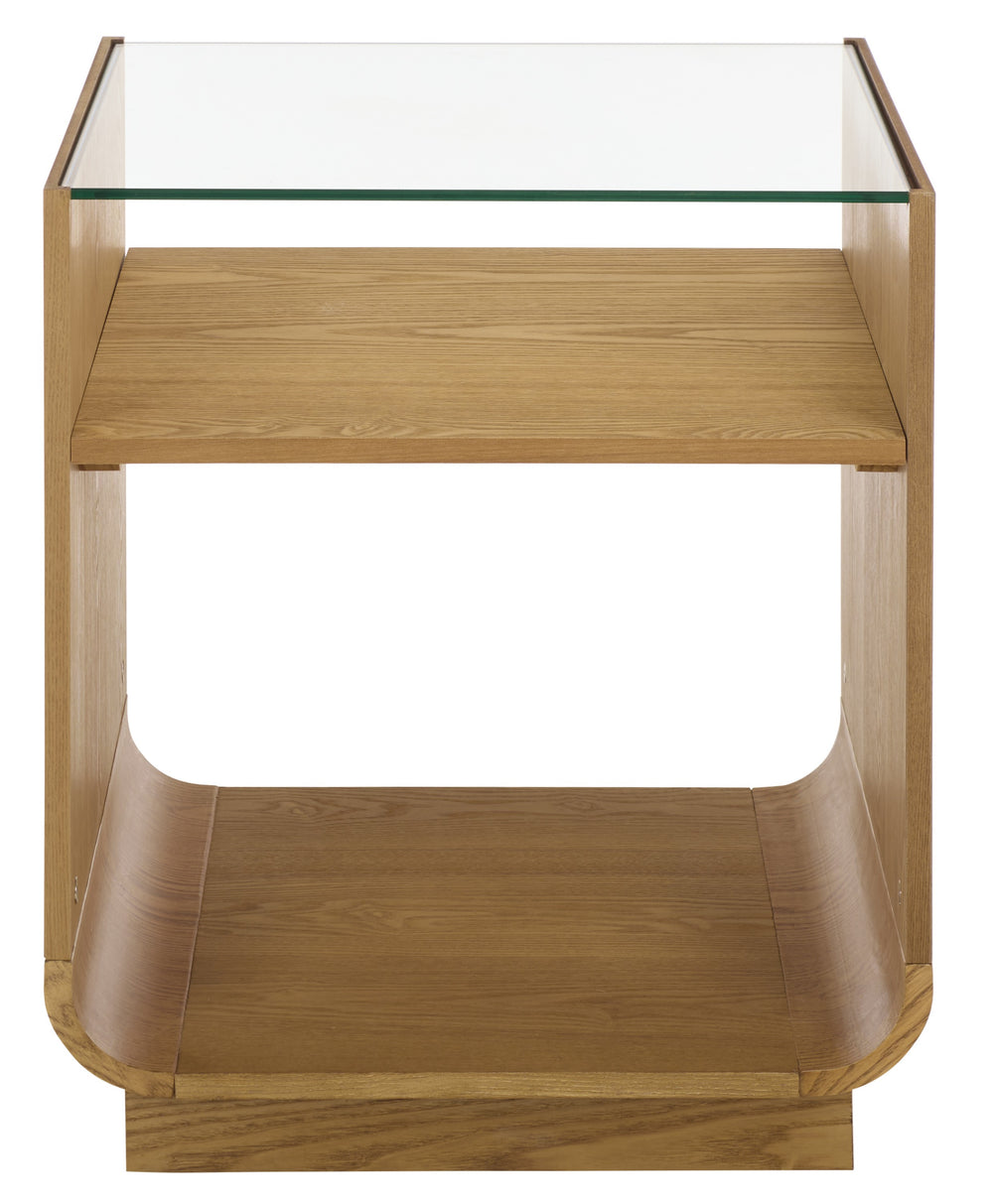 Acres Accent Table With Tempered Glass Top And Natural Wood Frame — Rustic Modern Compact Accent Piece