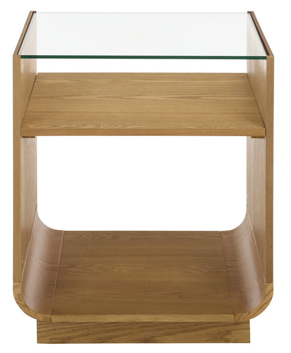 Acres Accent Table With Tempered Glass Top And Natural Wood Frame — Rustic Modern Compact Accent Piece