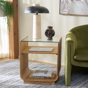 Acres Accent Table With Tempered Glass Top And Natural Wood Frame — Rustic Modern Compact Accent Piece