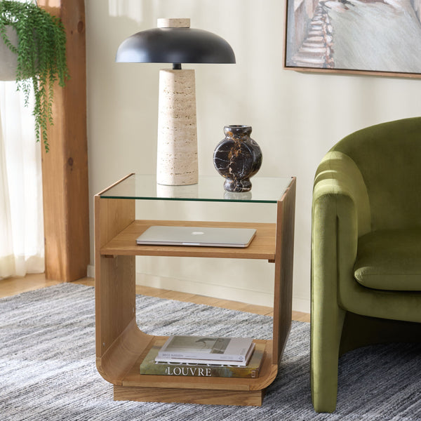 Acres Accent Table With Tempered Glass Top And Natural Wood Frame — Rustic Modern Compact Accent Piece