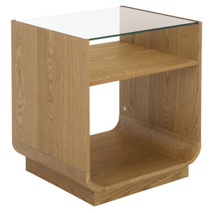 Acres Accent Table With Tempered Glass Top And Natural Wood Frame — Rustic Modern Compact Accent Piece