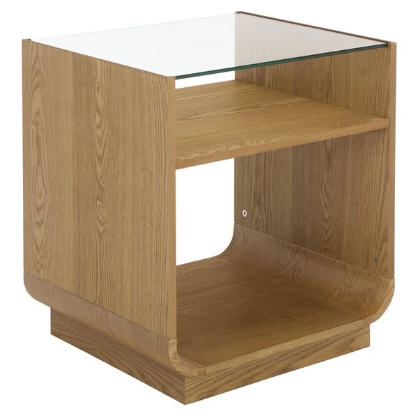 Acres Accent Table With Tempered Glass Top And Natural Wood Frame — Rustic Modern Compact Accent Piece