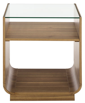 Acres Accent Table With Tempered Glass Top And Natural Wood Frame — Rustic Modern Compact Accent Piece