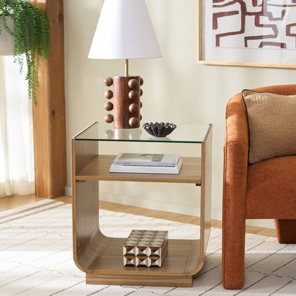 Acres Accent Table With Tempered Glass Top And Natural Wood Frame — Rustic Modern Compact Accent Piece